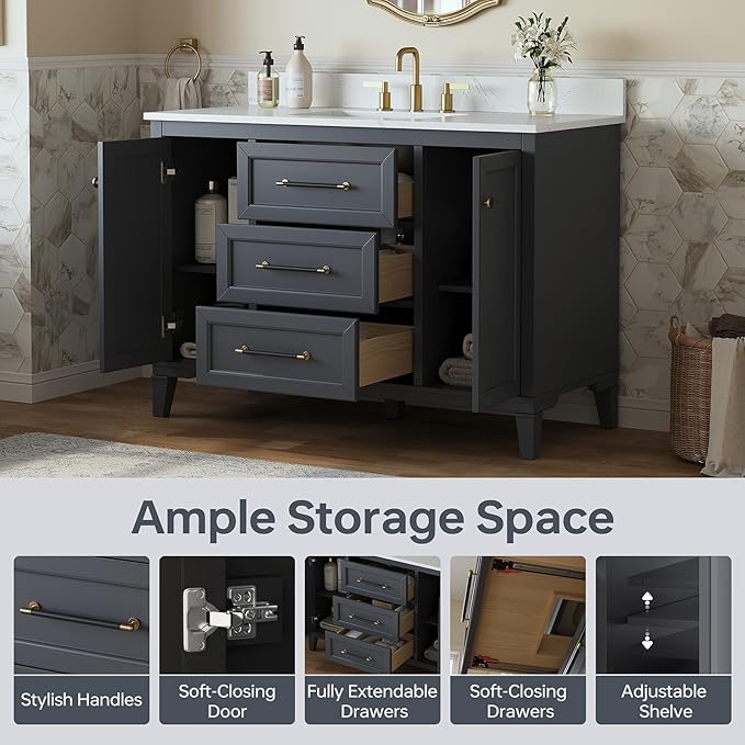 48 Inch Bathroom Vanity with Sink, Solid Wood Vanity with Engineered Stone Top, Fully-Assembled Vanity with Soft Closing Doors & Dovetail Drawers, Single Sink Bathroom Cabinet, Charcoal Gray