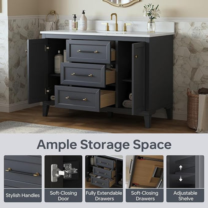 48 Inch Bathroom Vanity with Sink, Solid Wood Vanity with Engineered Stone Top, Fully-Assembled Vanity with Soft Closing Doors & Dovetail Drawers, Single Sink Bathroom Cabinet, Charcoal Gray