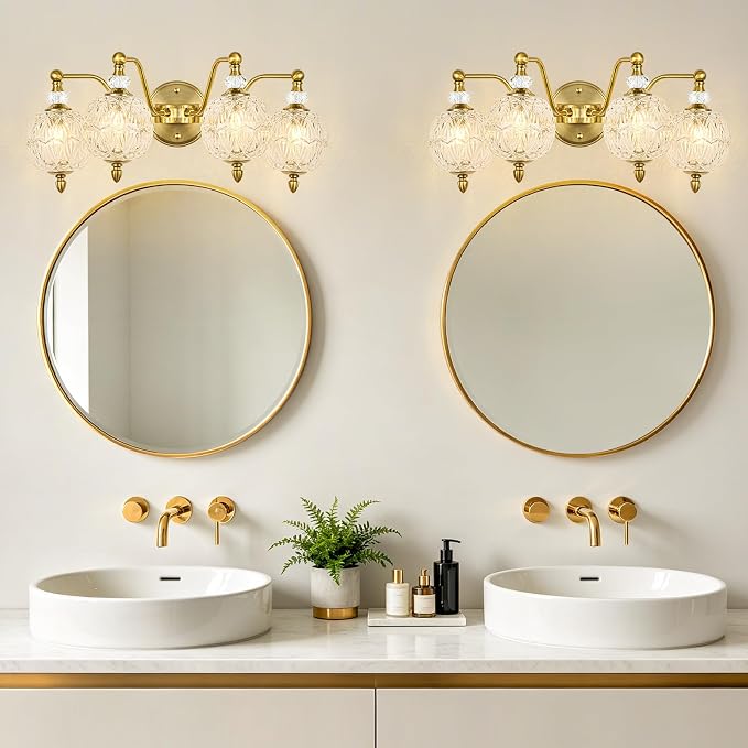 Vintage Bathroom Vanity Light, 4-Light Mid Century Brushed Gold Finish Wall Sconce with Globe Glass Shades, Retro Mirror Light for Bathroom, Powder Room