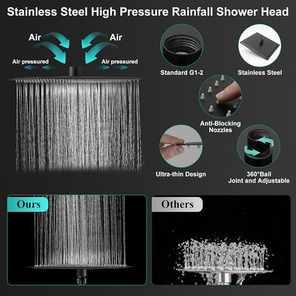 All Metal 12 Inch Rain Shower Head with Handheld Spray Combo, High Pressure Waterfall Rainfall Square Shower Heads with 16" Adjustable Extension Arm, Dual Showerhead with 3-Way Diverter, Matte Black