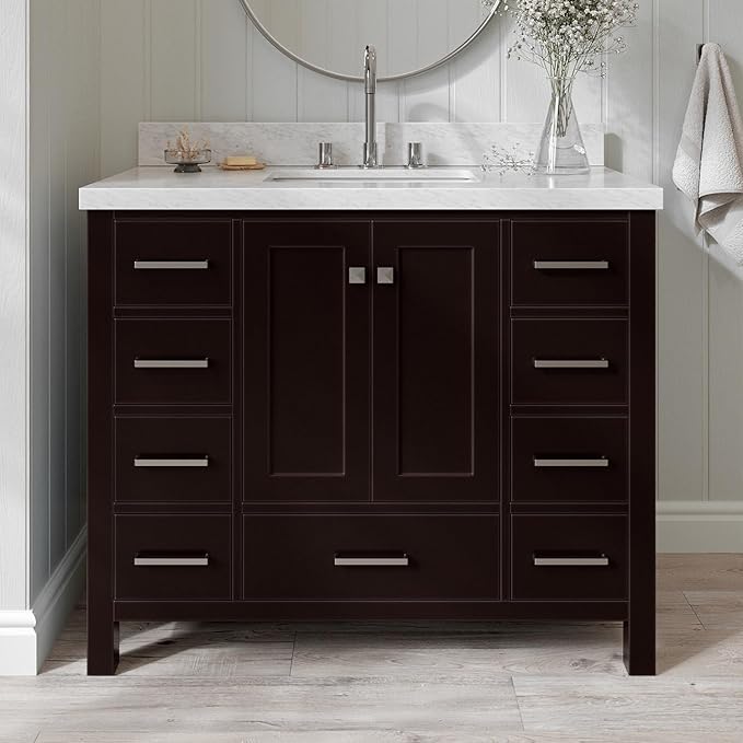 ARIEL Cambridge 42-inch Bathroom Vanity with Sink,Solid Wood, 1.5-inch Italian Carrara Marble Countertop, Single Rectangular Porcelain Sink, 2 Soft Closing Doors, 9 Dovetail Drawers, Espresso