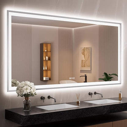 72x36 Inch LED Bathroom Mirror with Silver Frame | Silver Metal Frame, Front and Backlit, 3 Colors, Dimmable, Memory, Anti Fog, Tempered Glass, Lighted Mirror for Wall