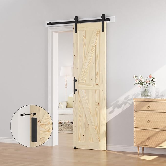 SMARTSTANDARD 28in x 84in Sliding Barn Door with 5ft Barn Door Hardware Kit Included, Unfinished Solid Spruce Wood Door, Assembly Required, DIY, Stainable, Natural | Unfinished Solid Spruce Wood Door, Assembly Required, DIY, Stainable, Natural