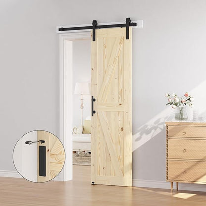 SMARTSTANDARD 28in x 84in Sliding Barn Door with 5ft Barn Door Hardware Kit Included, Unfinished Solid Spruce Wood Door, Assembly Required, DIY, Stainable, Natural | Unfinished Solid Spruce Wood Door, Assembly Required, DIY, Stainable, Natural
