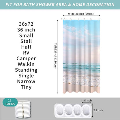 Small Stall RV Half Size Ocean Beach Coastal Seaside Shower Curtain for Bathroom 36W*72H Inch Nautical Summer Beachy Bathtub Decor Waterproof Polyester Fabric Set with 12 Hooks(6 Holes)