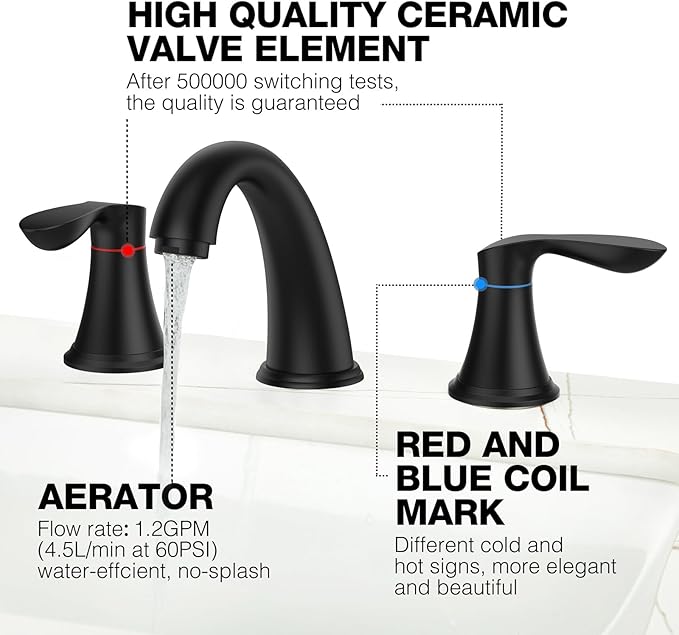 Bathroom Faucet, 8 Inch Bathroom Faucets for Sink 3 Hole, Widespread Brushed Nickel Bathroom Faucet with Pop up Drain and cUPC Lead-Free Hose (Matte Black)