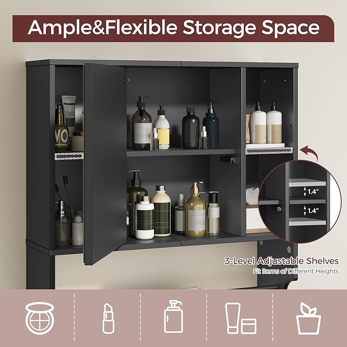 Bathroom Wall Cabinet with Mirror, Wall Mounted Medicine Cabinet with Color Adjustment LED Lights, Mirrored Over The Toilet Storage Cabinet with Adjustable Shelves, 23.6''W x 21.6''H, Black