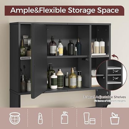 Bathroom Wall Cabinet with Mirror, Wall Mounted Medicine Cabinet with Color Adjustment LED Lights, Mirrored Over The Toilet Storage Cabinet with Adjustable Shelves, 23.6''W x 21.6''H, Black