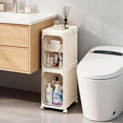 Narrow Storage Cabinet,2-Tier Slim Bathroom Organizer with Wheels,Beige | Turns Unused Narrow Spaces into Organized Storage Slim Outside Spacious Inside Rolls Smoothly Locks Securely Snap Assembly