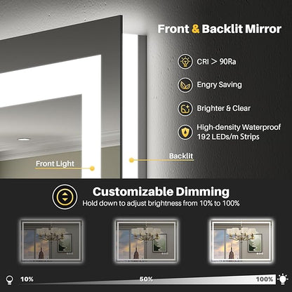 28x36 Inch LED Bathroom Mirror with Lights, Backlit & Front Lit, Anti-Fog Lighted Bathroom Vanity Mirror for Wall, Memory Function, Dimmable, HD Tempered Glass, Shatter-Proof