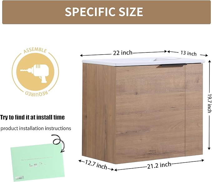 22" Vanity with Sink, 22 Inch Floating Bathroom Cabinet for Small Spaces, Soft Close Door, Modern Wall Mounted Vanity Set for Apartments, Toilet Storage Cabinet
