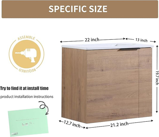 22" Vanity with Sink, 22 Inch Floating Bathroom Cabinet for Small Spaces, Soft Close Door, Modern Wall Mounted Vanity Set for Apartments, Toilet Storage Cabinet