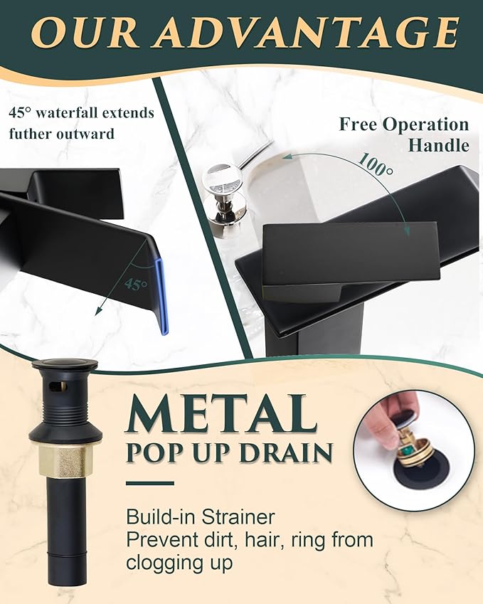KUZOR Matte Black Tall Waterfall Vessel/Bowl Sink Faucet – Single Hole 304 Stainless Steel Bathroom Faucet with Metal Pop-Up Drain, High Arc Spout for Modern Vanities
