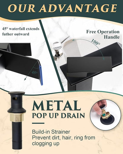 KUZOR Matte Black Tall Waterfall Vessel/Bowl Sink Faucet – Single Hole 304 Stainless Steel Bathroom Faucet with Metal Pop-Up Drain, High Arc Spout for Modern Vanities