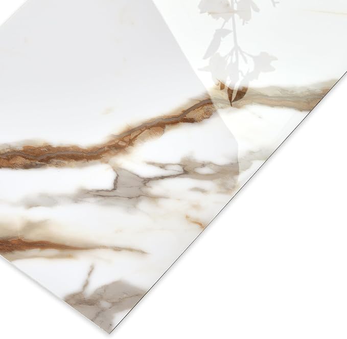 10-Sheet Subway Peel and Stick Backsplash, 12" x 24" Glossy Calacatta Gold Acrylic Self Adhesive Waterproof Wall Stickers, Stick on Tiles for Kitchen Bathroom Shower