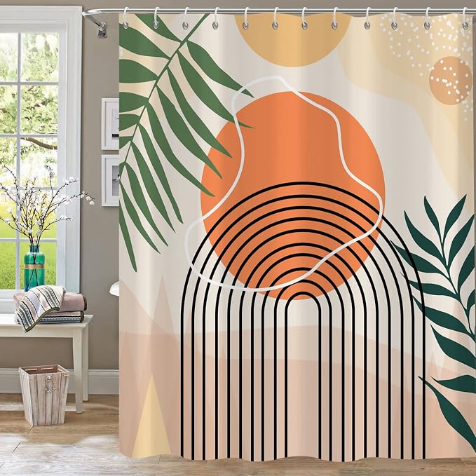 Boho Abstract Mid Century Shower Curtain Set - Geometric Leaves Neutral Modern - Green Plant Eucalyptus - Arch Sun Bathroom Curtain - 72x72 Inch