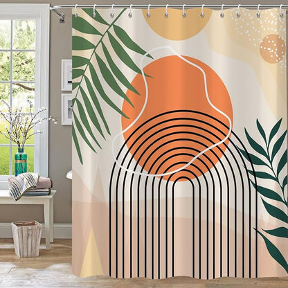 Boho Abstract Mid Century Shower Curtain Set - Geometric Leaves Neutral Modern - Green Plant Eucalyptus - Arch Sun Bathroom Curtain - 72x72 Inch