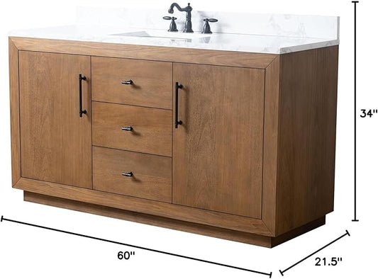 Vanity Art 60" Bathroom Vanity with Sink, Solid Poplar Wood Vanity Cabinet with Doors and Shelf, Modern Bathroom Vanity with White Marble Top, 3 Functioning Drawers,VA70-60-ST-E