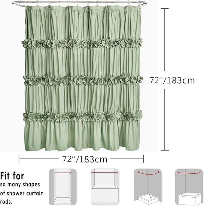 Homechoice Decor Sage Ruffle Shower Curtain, Handcrafted Bow Tie | Vintage Bath Curtain for Master Bathroom, Ruched Microfiber Bathroom Curtain with 12 Buttonholes, 72" W x 72" H (LQ-10)