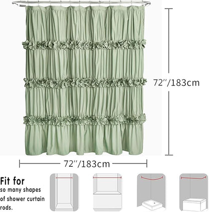 Homechoice Decor Sage Ruffle Shower Curtain, Handcrafted Bow Tie | Vintage Bath Curtain for Master Bathroom, Ruched Microfiber Bathroom Curtain with 12 Buttonholes, 72" W x 72" H (LQ-10)
