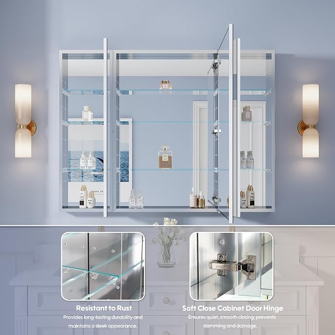 WELLFOR 48" x 36" Bathroom Medicine Cabinet with Mirror, Anodized Chrome Aluminum Frame, Surface Mount or Recessed Medicine Cabinet with Mirror, Bathroom Mirror with Storage, Three Doors