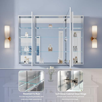 WELLFOR 48" x 36" Bathroom Medicine Cabinet with Mirror, Anodized Chrome Aluminum Frame, Surface Mount or Recessed Medicine Cabinet with Mirror, Bathroom Mirror with Storage, Three Doors