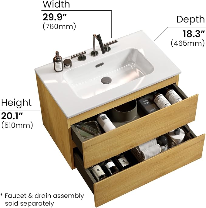 30" Bathroom Vanity with Sink, Modern Floating Vanity with Double Soft Closing Drawers, Large Storage for Small Space, Natural Oak, Fully Assembled - Iris Collection