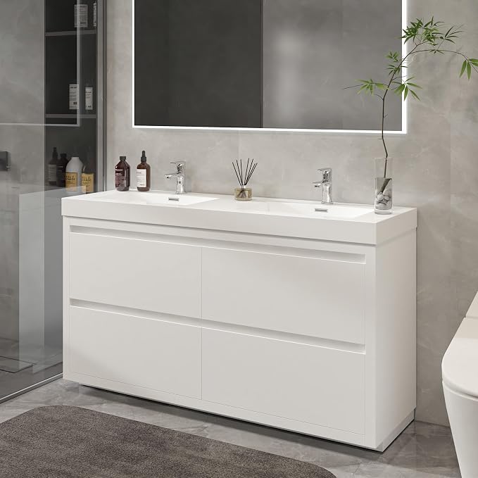 Vanity Art 60 Inch Double Sinks Floor Standing Bathroom Vanity Set 2 Drawers Storage Cabinet with White Engineered Stone Top Undermount Rectangle Sinks High-Glossy Finish