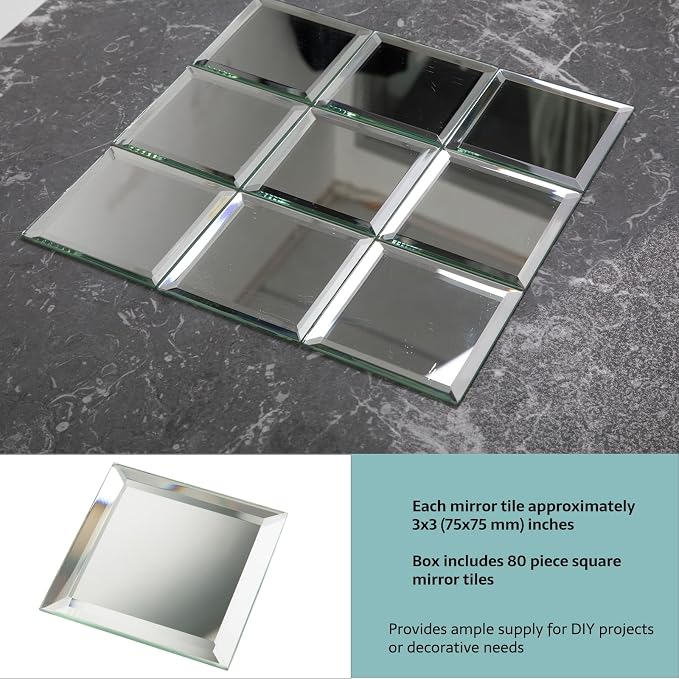 80 Pcs Beveled Mirror Tiles, 3 Inch Silver Square Mirror Glass Tiles for Kitchen Backsplash Bathroom Shower Wall, 5 SQ.FT