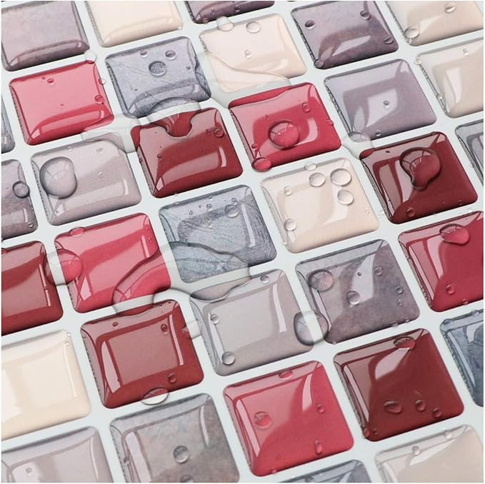 3D Mosaic Tile Sticker Removable Wallpaper Tile Red, 3D Self Adhesive Wall Tiles Bathroom Wall Tiles for Kitchen Backsplash Red, PVC Square Decorative Vinyl Decals, 4 Sheets
