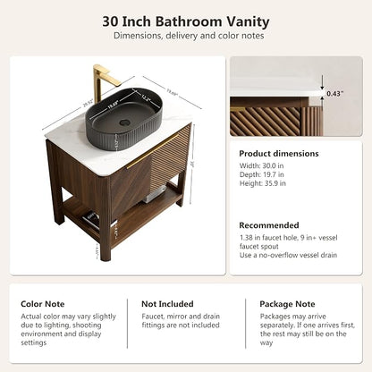 Yayzy 30 Inch Bathroom Vanity with Sink, Freestanding Dark Walnut Bathroom Cabinet, Matte Black Oval Vessel Sink, Carrara White Sintered Stone Countertop, Soft Close Doors, Open Storage Shelf