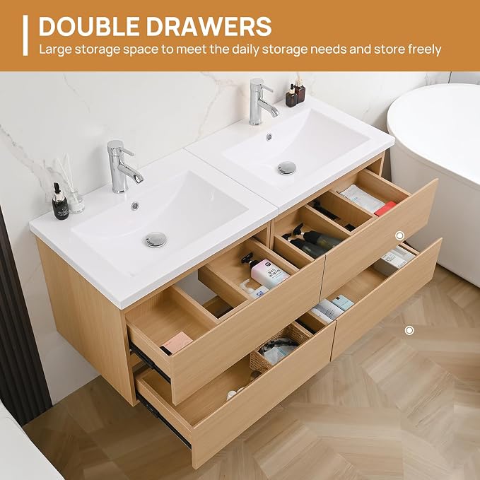 Wall-Mount Bathroom Vanity with Sink Combo, Cabinet Included, Large Drawers for Ample Storage (Wood, 48“)