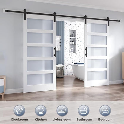 Double 36×84 Inch Glass Barn Door Slab and 13.2ft Hardware Kit Included, 5 Frosted Glass, LVL Wood Panel Covered with White Water-Proof Scratch-Proof PVC Surface, Simple DIY Assembly