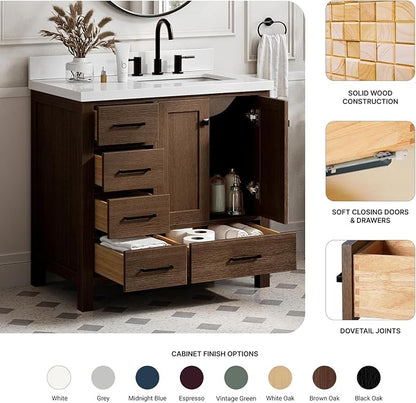 ARIEL Cambridge 36-inch Bathroom Vanity with Sink,Solid Wood, 1.5-inch Pure White Quartz Countertop, Single Rectangular Porcelain Sink, 2 Soft Closing Doors, 5 Dovetail Drawers, Brown Oak