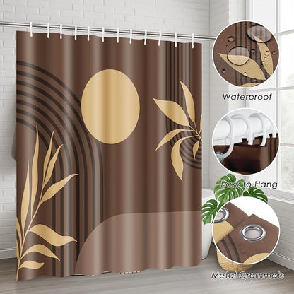 Bathroom Sets with Shower Curtain and Rug Boho 4 Pcs, Mid | Century Abstract Geometric Minimalist Bathroom Decor Set with Toilet Lid Cover, Non-Slip Bath Mats and Accessories 12 Hooks
