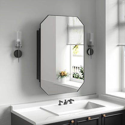Casaphoria 36" H x 24" W Octagon Bathroom Medicine Cabinet with Mirror, Metal Frame Wall Medicine Cabinets Mirrors, Black K