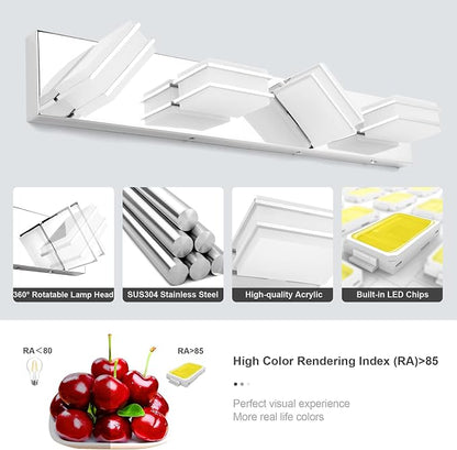 GOODATE 3 Color Temperature Dimmable Vanity Lights for Bathroom, LED Chrome 4 Light Vanity Light Fixtures, Acrylic Stainless Steel Square Shade Bathroom Light Fixtures Over Mirror, ETL Certificated