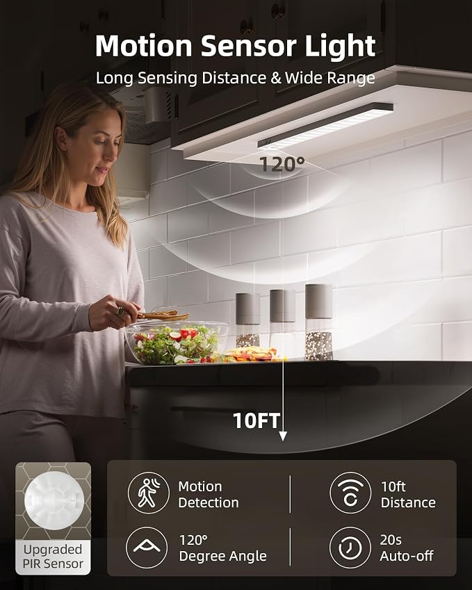 EZVALO 6-Pack 13 Inch Under Cabinet Lighting with 2 Charging Stations, Rechargeable Wireless Motion Sensor Lights, 3200mAh, 3 Color Temps, Dimmable, Magnetic, Remote Control for Kitchen, Closet