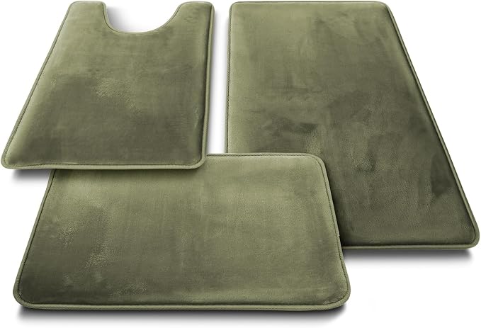 Clara Clark 3 Piece Bathroom Rugs Bath Mat Set, Velvet Memory Foam Bath Mats for Bathroom - Non-Slip, PVC Backing Bath Rugs, Washable - Dries Quickly, Green