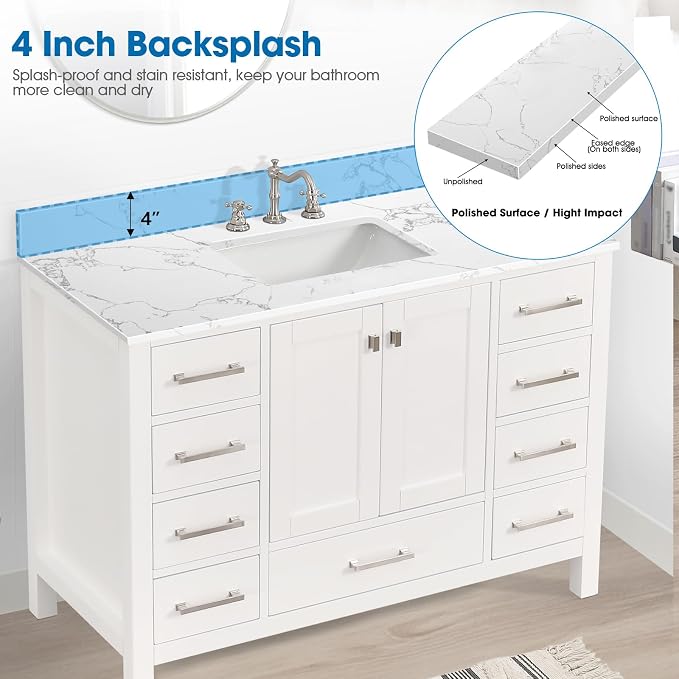 48 Inch Engineered Stone Bathroom Vanity Sink Top, with Undermount Rectangular Middle Sink, Vanity Countertop with 8 inch Faucet Hole Spacing and Backsplash in Lightning White