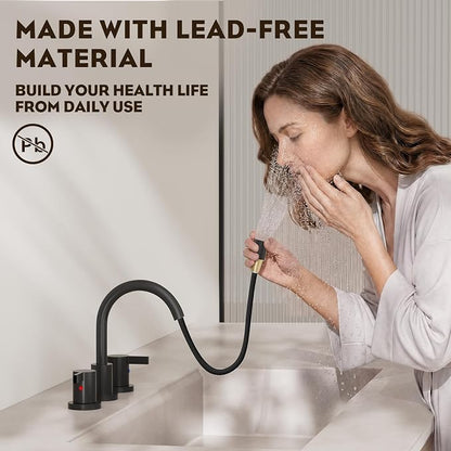 Pull Out Sprayer Matte Black 8 Inch Bathroom Sink Faucet, Widespread 2 Handles 3 Hole Pull Down Bathroom Faucet, with Pop Up Drain and Water Supply Line, BF04022-K01-MB
