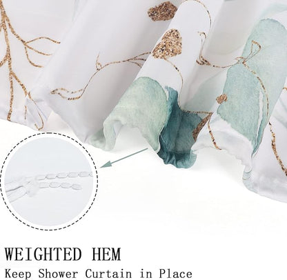 Spring Pink Floral Shower Curtain, Weighted Bottom Sage Green Eucalyptus Leaf Watercolor Botanical Plants with Gold Branches Fabric Bathroom Curtain Home Decor Waterproof Washable with 12 Hooks