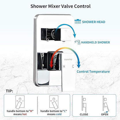 12 Inch Polished Chrome Shower Faucet Set with Rain Shower Head and Handheld Spray, Wall Mounted Rainfall Shower Head with Handheld Combo, Bathroom luxury Shower System with Valve and Trim