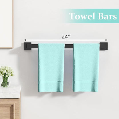 FEILERN 20-Piece Matte Black Bathroom Hardware Set, 24 Inch Towel Bar Set | Towel Racks for Bathroom, Towel Bar, Black Bathroom Accessories, Toilet Paper Holder Wall, Square Towel Ring, Towel Hooks