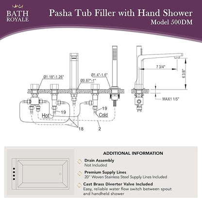 Bath Royale Pasha Modern Tub Faucet and Filler with Hand Shower, All Metal, Brushed Gold