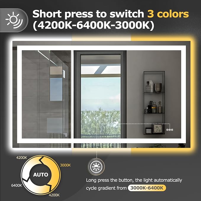 Hivone 60"X36" LED Bathroom Mirror with Lights, Anti-Fog, Dimmable, Backlit + Front Lit, Smart Bathroom Vanity Mirror, Memory Function, Shatterproof, Tempered Glass (Horizontal/Vertical)