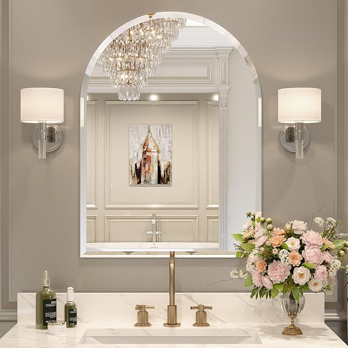 Frameless Bathroom Mirror, 22" x 30" Arched Vanity Mirror for Wall Beveled, Arch Wall Mounted Mirror for Hallway, Entryways, Over Sink