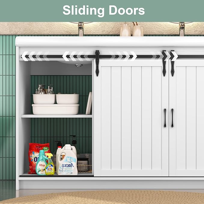 48 Inch Bathroom Vanity with Sink, Bathroom Vanity Cabinet with Doulble Sink, Bath Vanities with 2 Sliding Doors, White