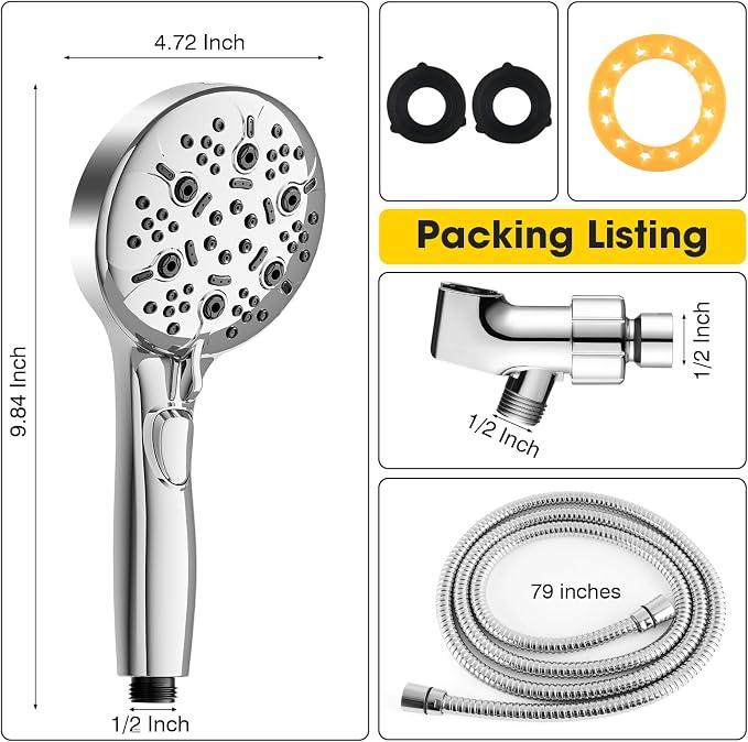 High Pressure Shower Head with Handheld,Power Wash & Auto Reset | 8-setting Shower Spray with on off Switch,79in Stainless Steel Extra Long Hose&Bracket.Easy for Seniors, kids & Pets,Sliver