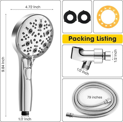 High Pressure Shower Head with Handheld,Power Wash & Auto Reset | 8-setting Shower Spray with on off Switch,79in Stainless Steel Extra Long Hose&Bracket.Easy for Seniors, kids & Pets,Sliver